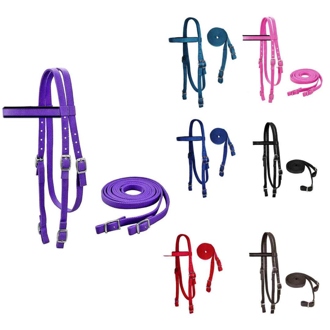 Tahoe Tack Double Layered Nylon Western Padded Headstall with Matching Split Reins all color option