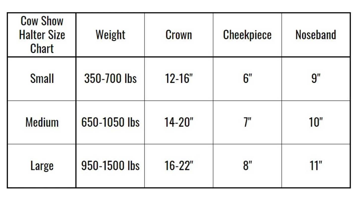 Premium Round Rolled Leather Cattle Show Halter Size Chart