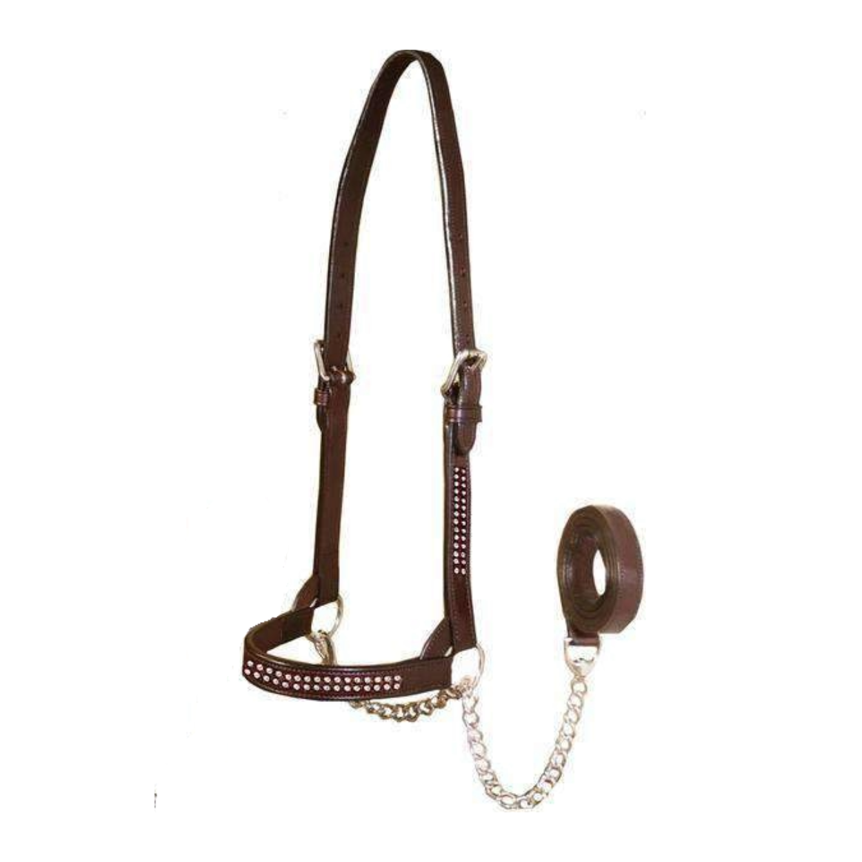 Premium Crystal Bling Inlay Flat Leather Cattle Show Halter with Chain Lead - Shop