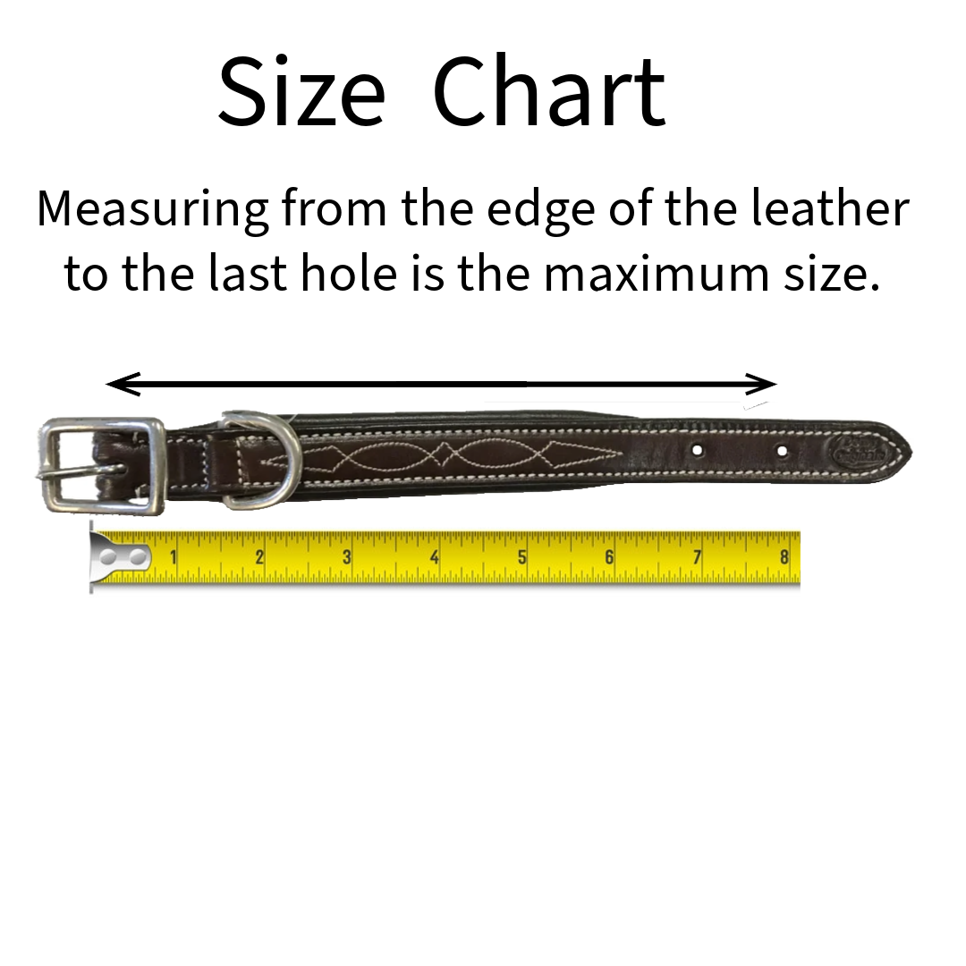 Derby Dog Designer Series Tooled USA Leather Padded Barbwire Dog Collar with Stainless Steel Rolled Buckle for Comfort Size chart