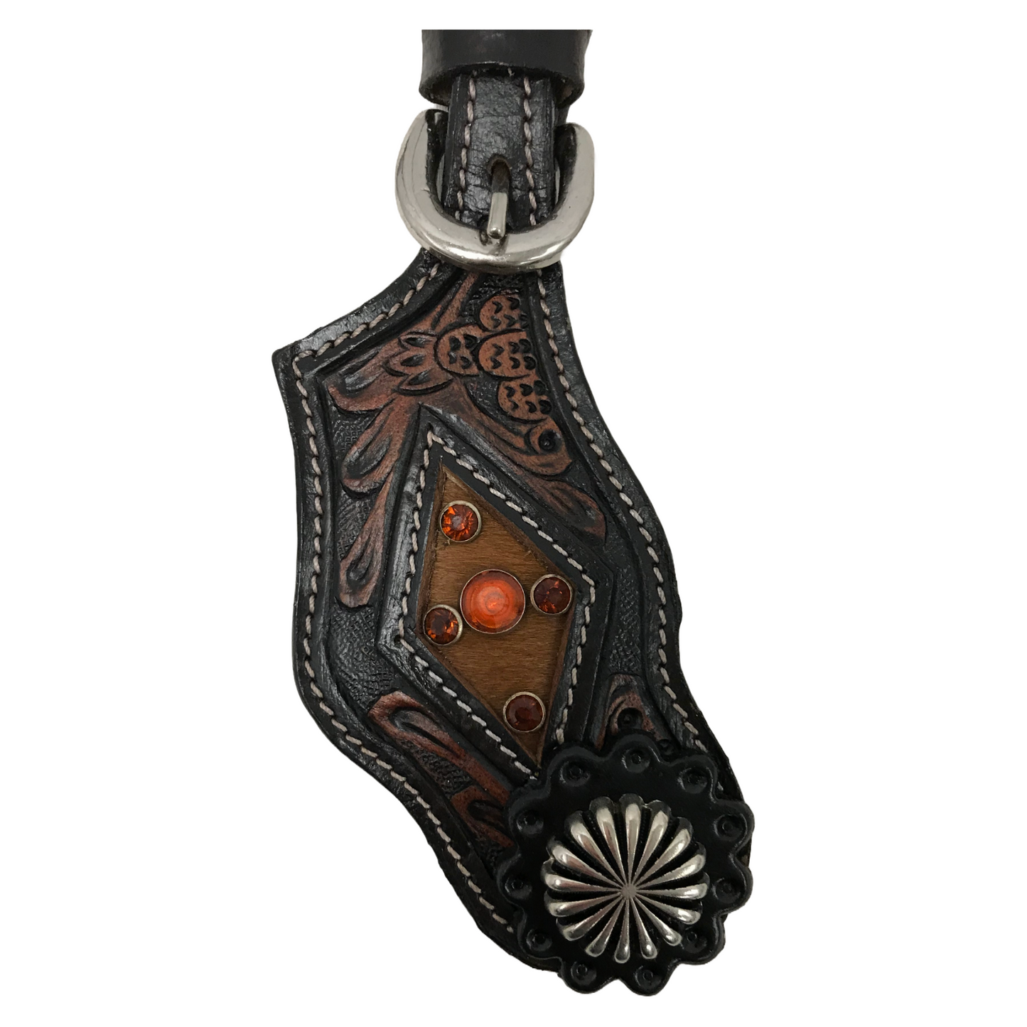 Tahoe Hand Tooled Leather Western Spur Straps with Antique Parchute Concho Unisex Pair