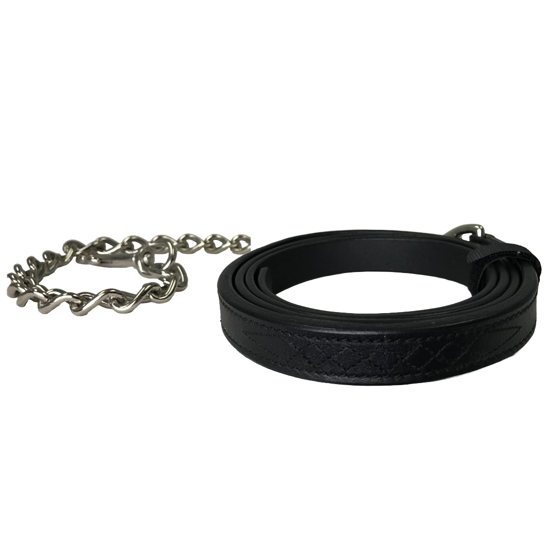 Black Leather Lead for Cattle, Horse or Dog with Chain and Swivel Snap
