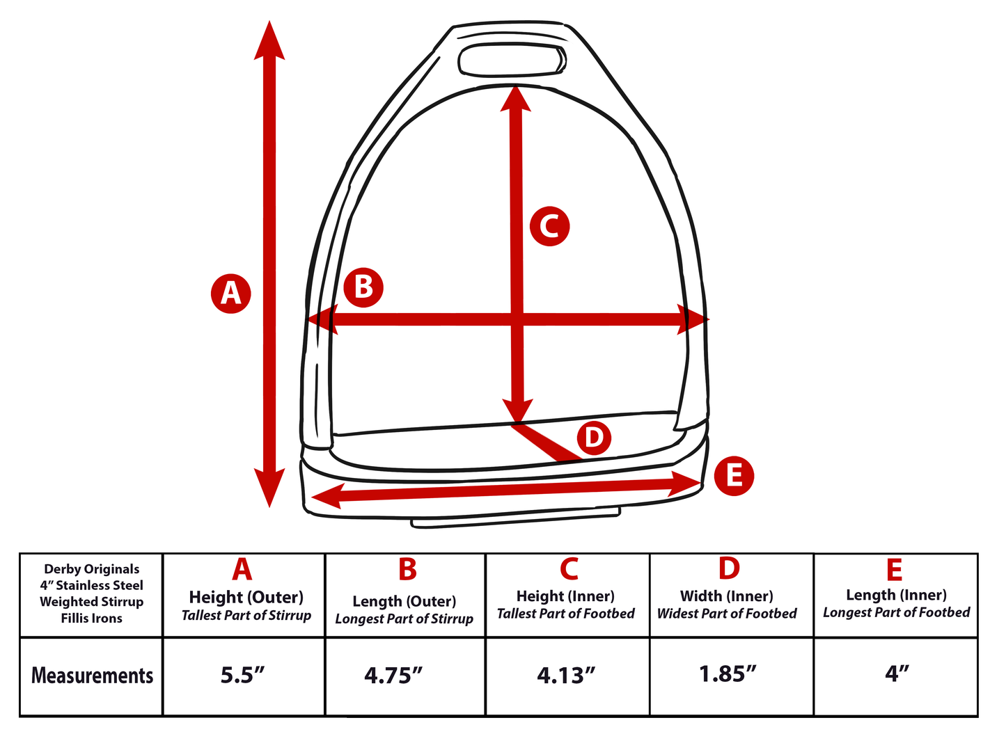Derby Originals 4” Stainless Steel Weighted Stirrup Fillis Irons with Rubber Pads Size Chart