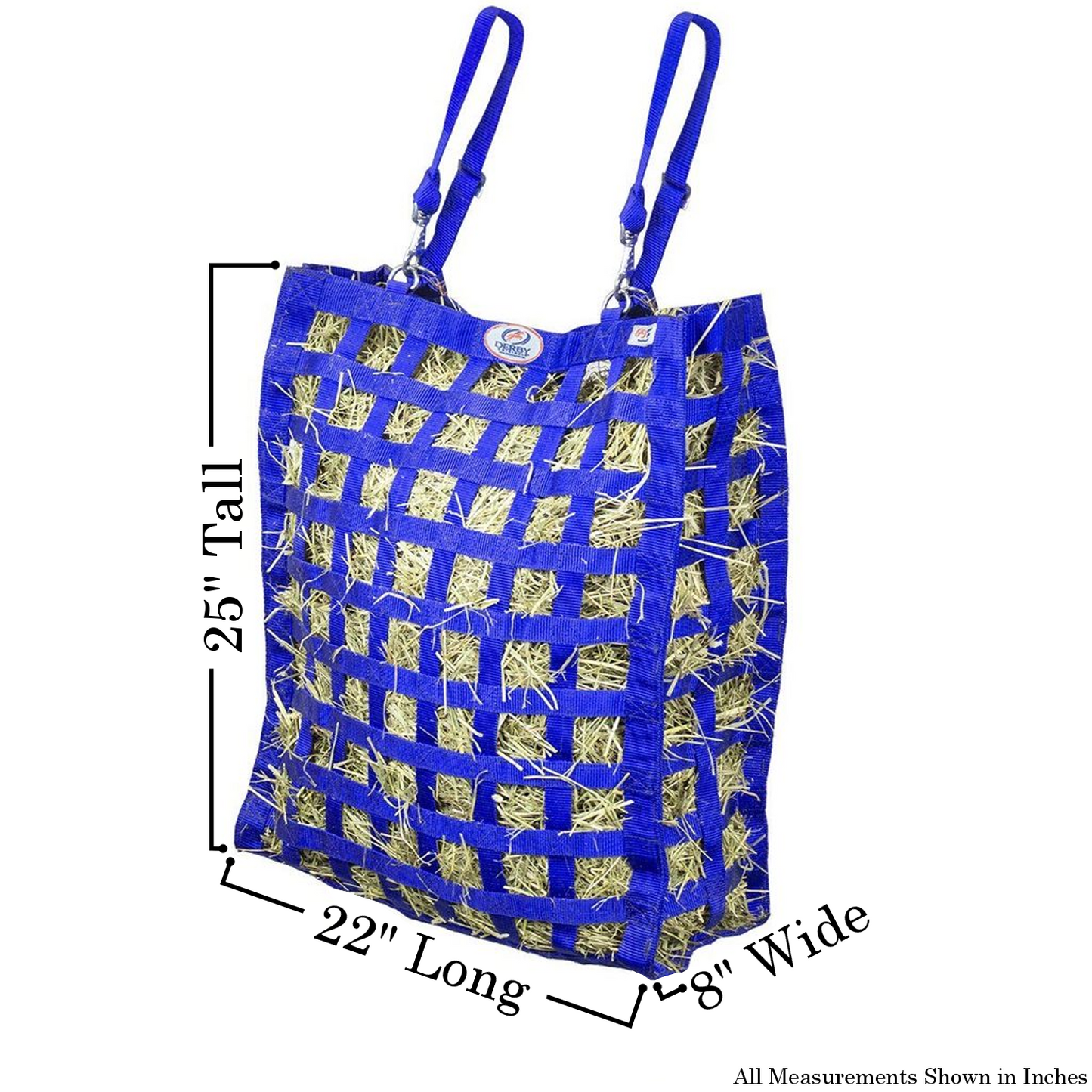 Size chart for Royal blue four sided hay bag.