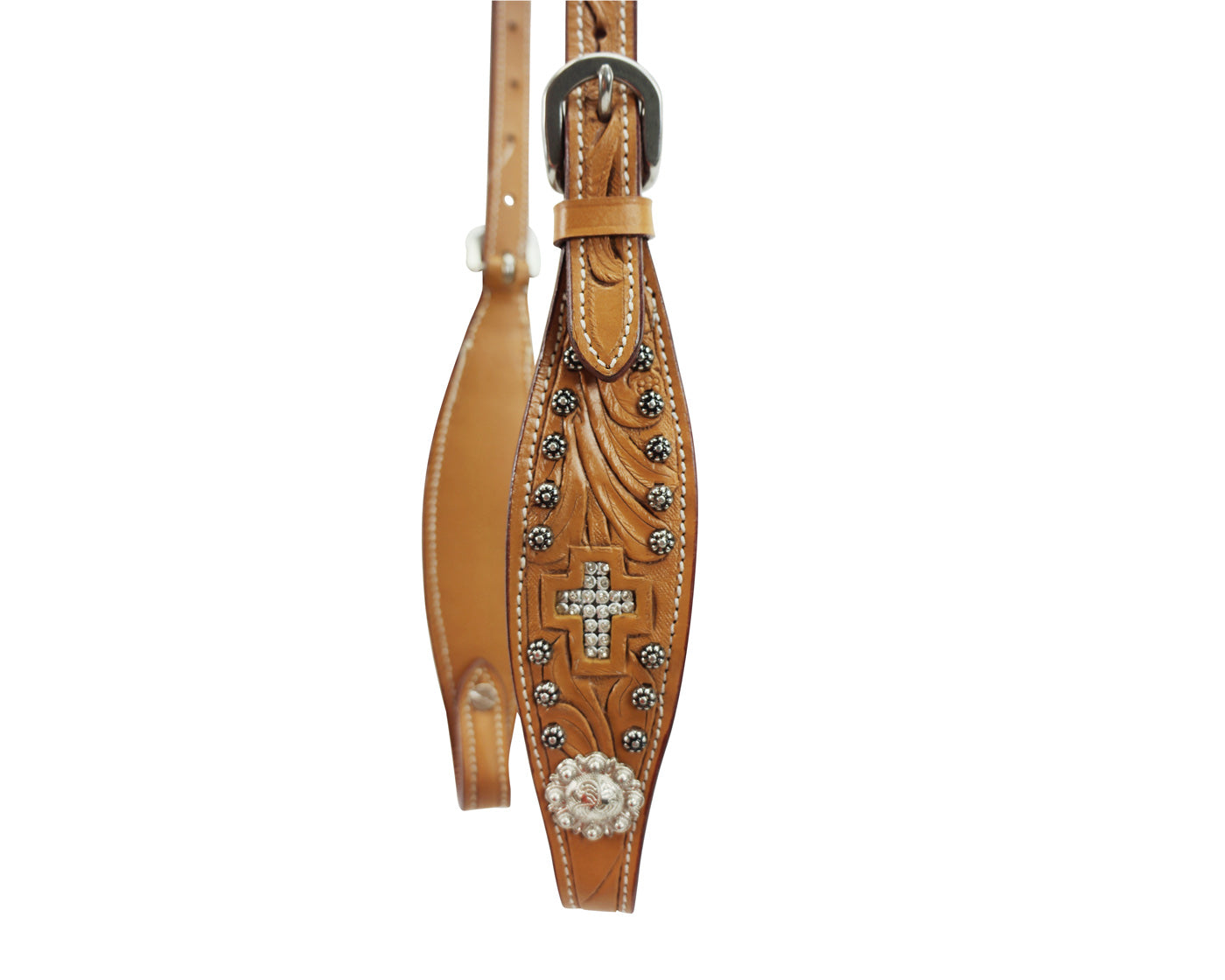 Crystal Cross Hand-Tooled Western Slip Ear Headstall