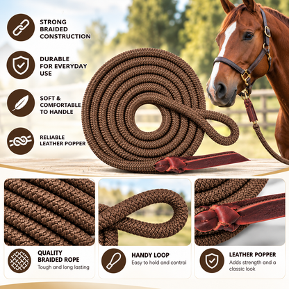 Tahoe Tack Heavy Duty 10 Ft Double Braided Horse Lead Rope – Soft Grip with 4" Loop & Leather Popper – 1-Year Warranty