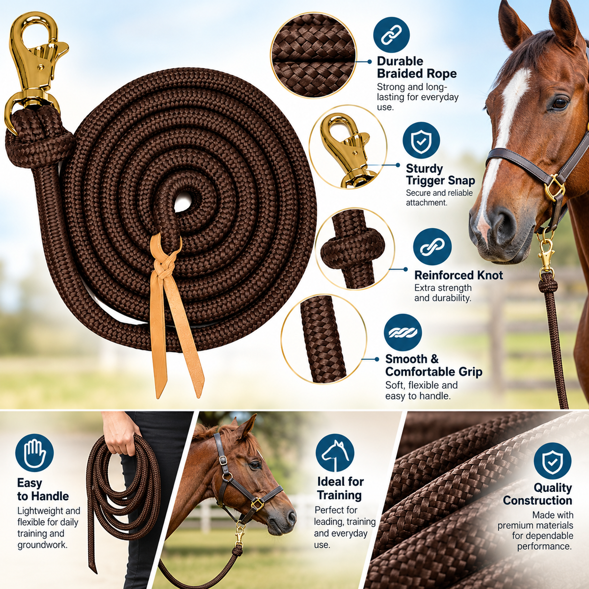 Tahoe Tack Heavy Duty 15 Ft Horse Training Lead Ropes – Set of 2 with Replaceable Trigger Snaps & Leather Poppers – 1-Year Warranty
