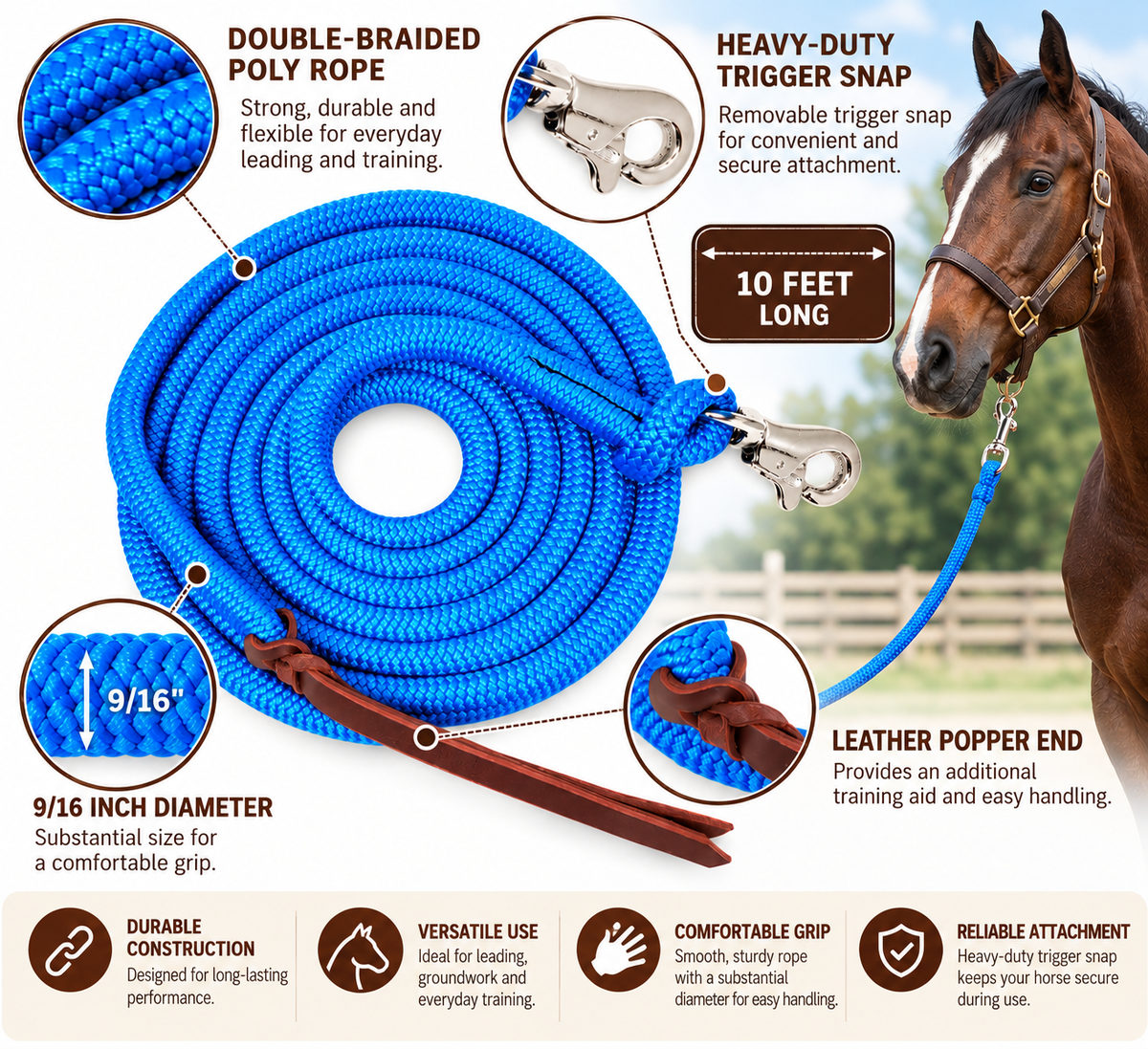 Tahoe Tack Heavy Duty Double Braided Horse Lead Ropes – Set of 2, 10 Ft with Removable Trigger Snaps & Leather Poppers – 1-Year Warranty