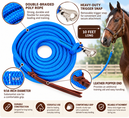 Tahoe Tack Heavy Duty Double Braided Horse Lead Ropes – Set of 2, 10 Ft with Removable Trigger Snaps & Leather Poppers – 1-Year Warranty