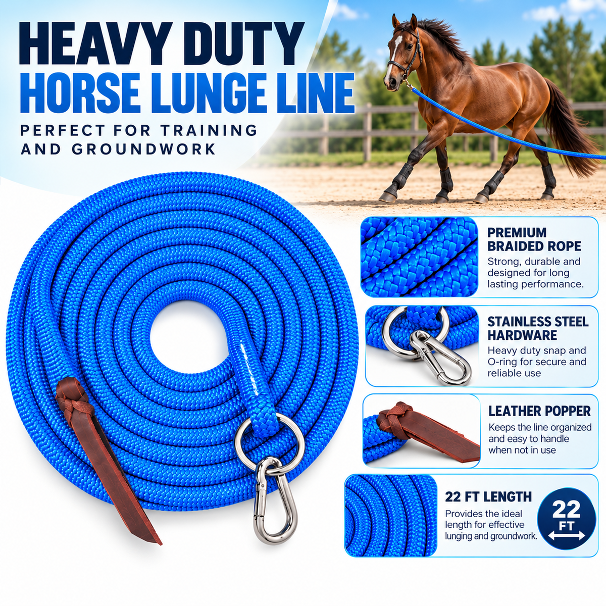 Tahoe Tack Heavy Duty 22 Ft Horse Lunge Line – Double Braided Yacht Rope with Stainless Steel O-Ring, Carabiner & Leather Popper – 1-Year Warranty