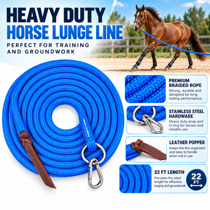 Tahoe Tack Heavy Duty 22 Ft Horse Lunge Line – Double Braided Yacht Rope with Stainless Steel O-Ring, Carabiner & Leather Popper – 1-Year Warranty