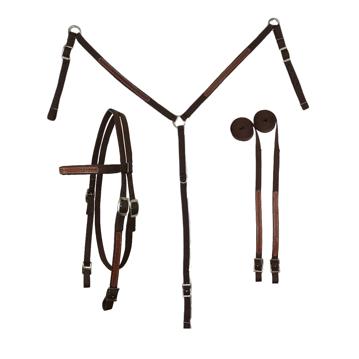 Tahoe Tack Basket Weave Leather Overlay Brown Nylon Headstall, Breast Collar, and Reins Set