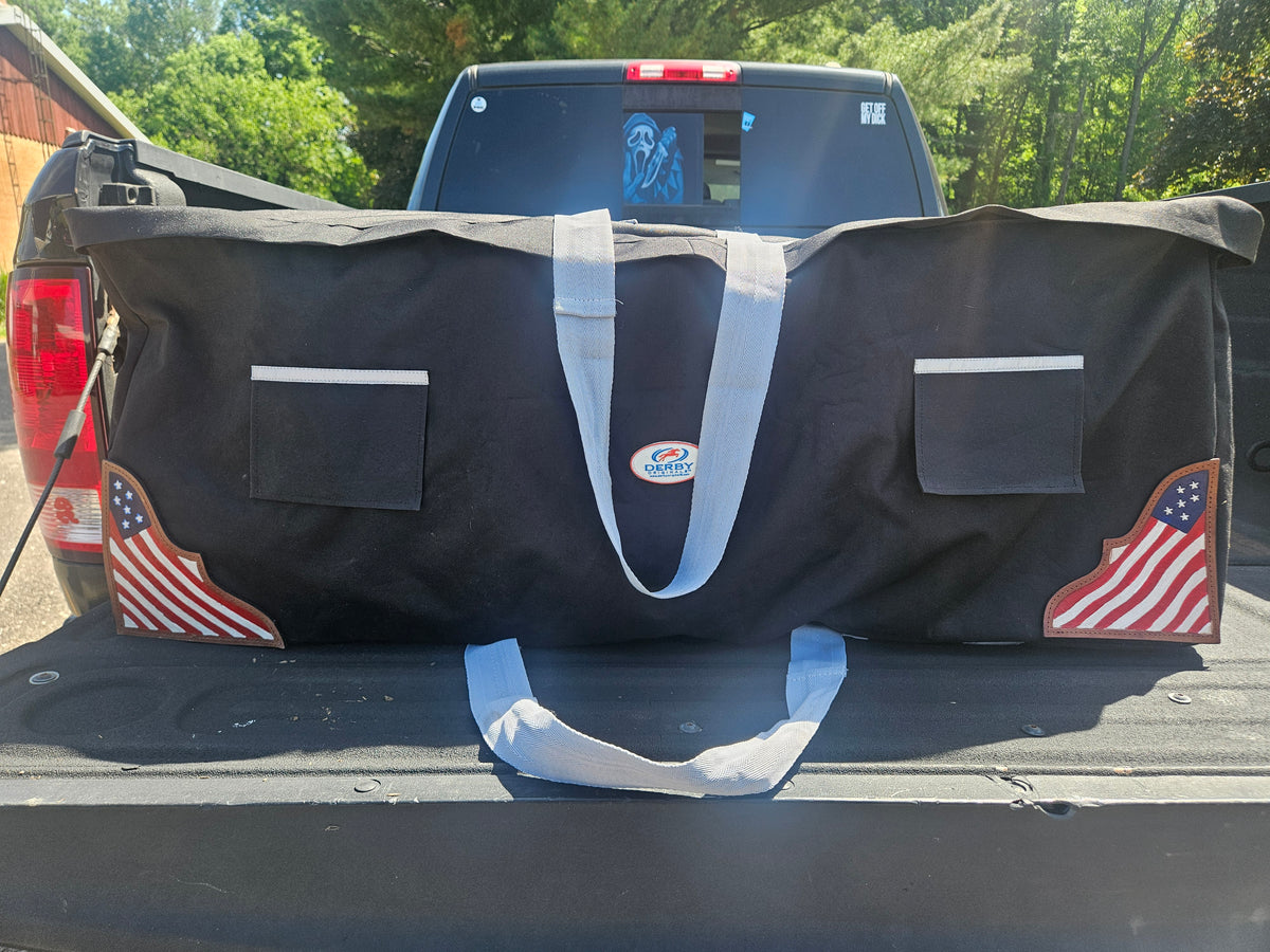 Paris Tack Large Hay Bale Bag – 44"x16"x20" Waterproof 1200D Nylon with Patented Ventilation Windows, Hand-Tooled Leather Patriotic Corners, Fits 2-String Bales, Ideal for Shows & Daily Use