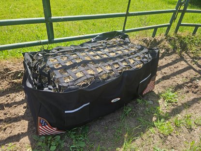 Paris Tack Large Hay Bale Bag – 44"x16"x20" Waterproof 1200D Nylon with Patented Ventilation Windows, Hand-Tooled Leather Patriotic Corners, Fits 2-String Bales, Ideal for Shows & Daily Use