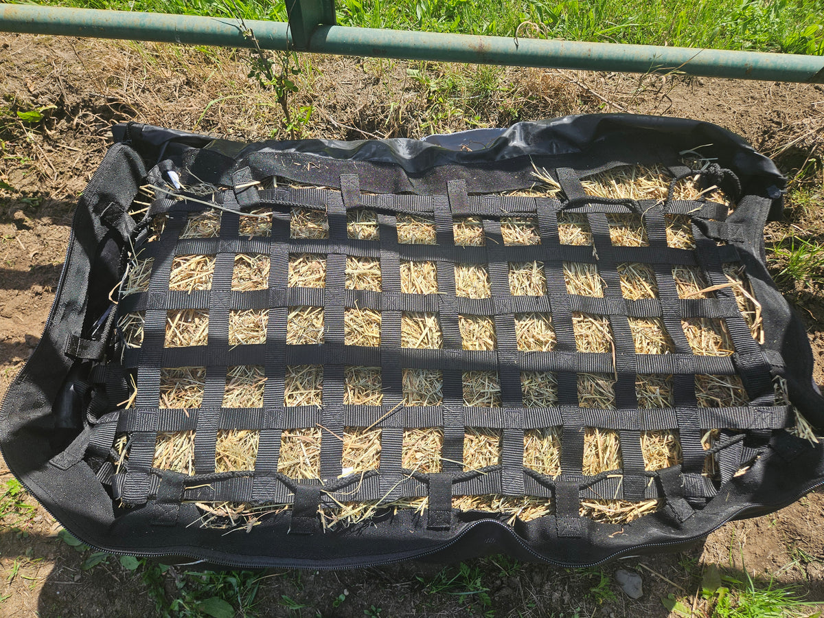 Paris Tack Large Hay Bale Bag – 44"x16"x20" Waterproof 1200D Nylon with Patented Ventilation Windows, Hand-Tooled Leather Patriotic Corners, Fits 2-String Bales, Ideal for Shows & Daily Use