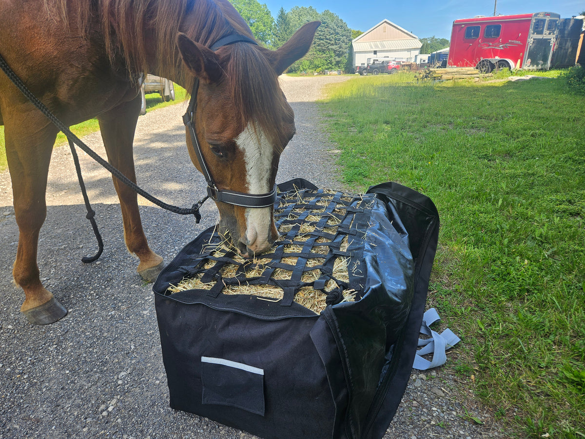 Paris Tack Large Hay Bale Bag – 44"x16"x20" Waterproof 1200D Nylon with Patented Ventilation Windows, Hand-Tooled Leather Patriotic Corners, Fits 2-String Bales, Ideal for Shows & Daily Use
