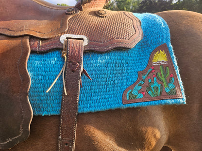 Tahoe Tack Kaye Western Saddle Blanket Pad – Handwoven 100% New Zealand Wool, 34" x 36", with Hand-Tooled & Painted Cactus and Sunrise Corners and Wear Leathers, Ideal for Shows, Parades & Daily Use