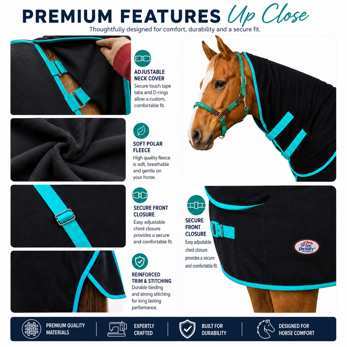 Derby Originals Heavy Duty Horse Fleece Cooler with Removable Neck Cover, 300G Fleece, Cross Surcingles, Moisture-Wicking Stable Sheet for Horses