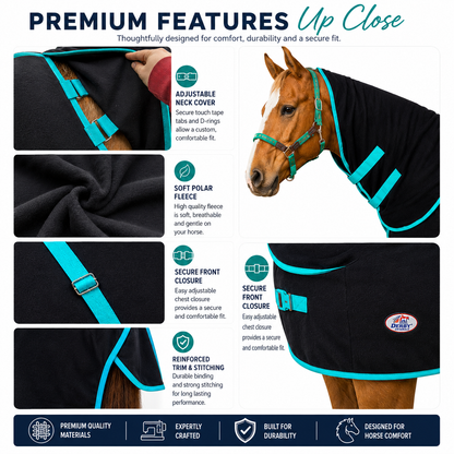 Derby Originals Heavy Duty Horse Fleece Cooler with Removable Neck Cover, 300G Fleece, Cross Surcingles, Moisture-Wicking Stable Sheet for Horses