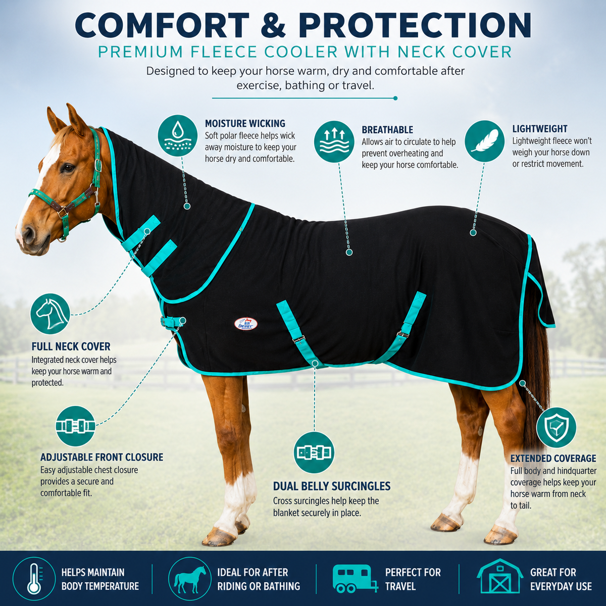 Derby Originals Heavy Duty Horse Fleece Cooler with Removable Neck Cover, 300G Fleece, Cross Surcingles, Moisture-Wicking Stable Sheet for Horses