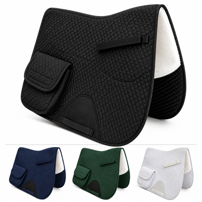 Derby Originals All Purpose English Saddle Pad with Pockets Half Fleece lined for Shock Absorbing Wither Relief Design for comfort and Trail Riding.
