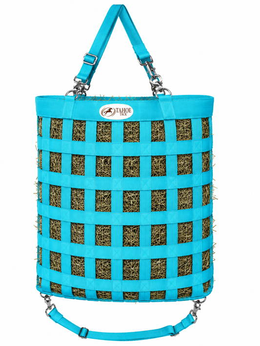 Tahoe Tack Patented Mini Slow Feed Hay Bag for Horses, 4-Sided Design, Easy-Fill Top, Super Tough Reinforced Bottom, Covered Hay Feeder with 2" x 2" Openings