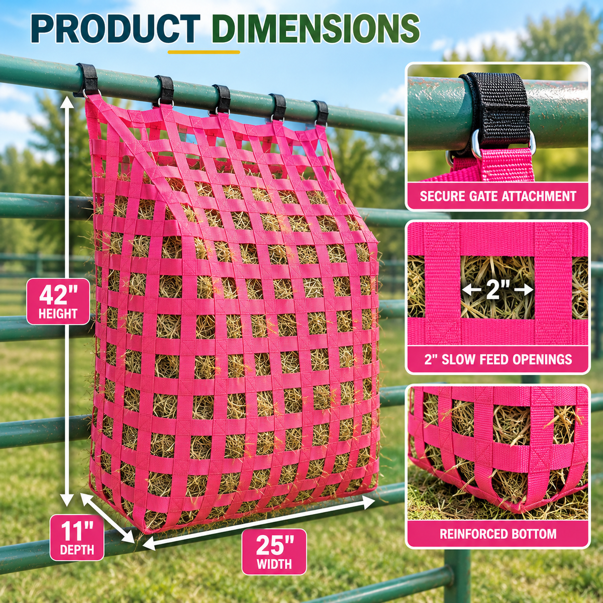 Tahoe Web Gate Slow Feed Hay Feeder – 2" Openings, Easy-Fill, Quick Strap Mounting, Holds 6–7 Flakes, Durable & Dust-Draining with Super Tough Bottom