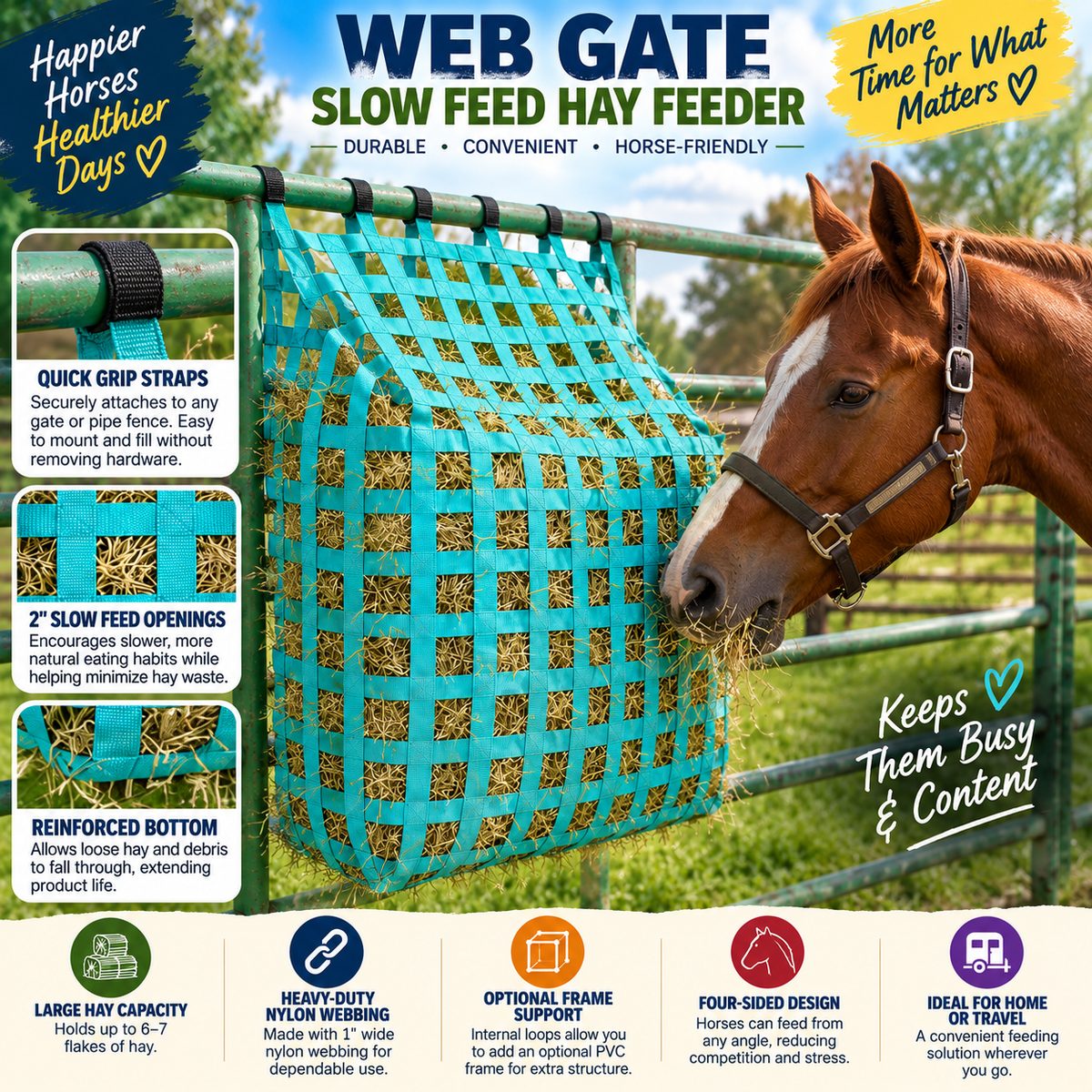 Tahoe Web Gate Slow Feed Hay Feeder – 2" Openings, Easy-Fill, Quick Strap Mounting, Holds 6–7 Flakes, Durable & Dust-Draining with Super Tough Bottom