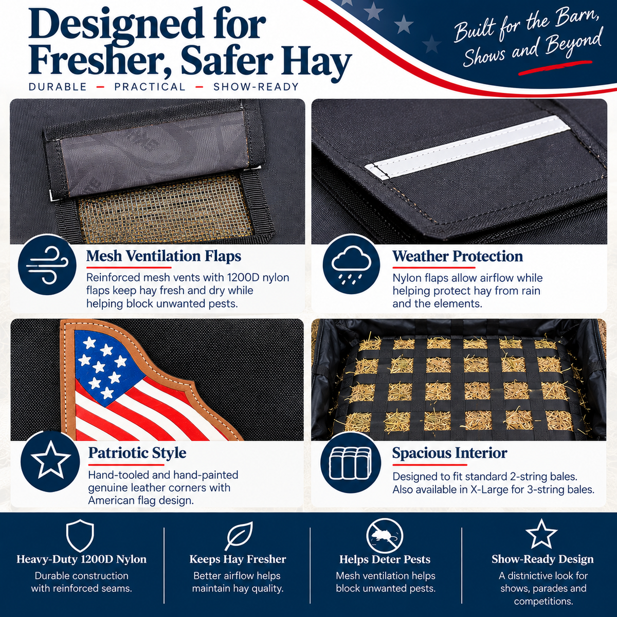 Paris Tack Large Hay Bale Bag – 44"x16"x20" Waterproof 1200D Nylon with Patented Ventilation Windows, Hand-Tooled Leather Patriotic Corners, Fits 2-String Bales, Ideal for Shows & Daily Use