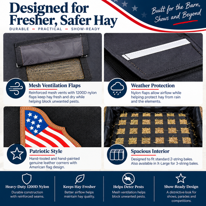 Paris Tack Large Hay Bale Bag – 44"x16"x20" Waterproof 1200D Nylon with Patented Ventilation Windows, Hand-Tooled Leather Patriotic Corners, Fits 2-String Bales, Ideal for Shows & Daily Use