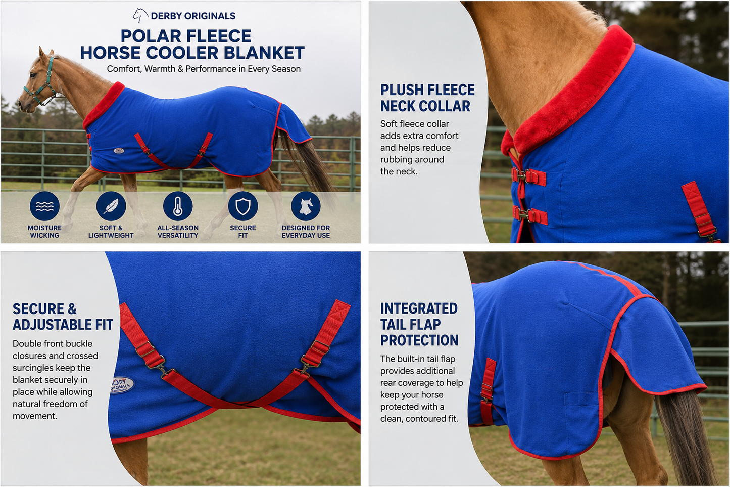 Derby Originals Polar Fleece Horse Cooler Blanket - Moisture Wicking All Season Stable Sheet & Blanket Liner with Plush Fleece Collar, Double Front Buckles & Crossed Surcingles