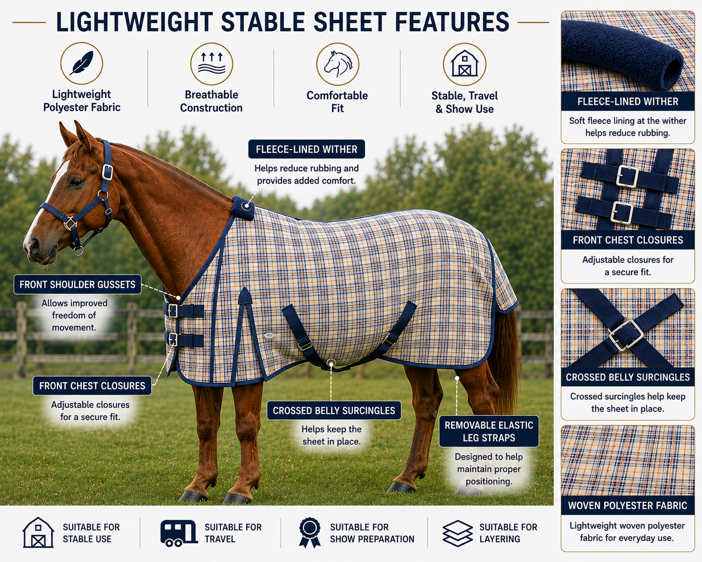 Paris Tack Navy Beige Plaid Horse Stable Sheet with Front Gussets, Lightweight Polyester Sheet for Horses, Travel, Stable & Show Use