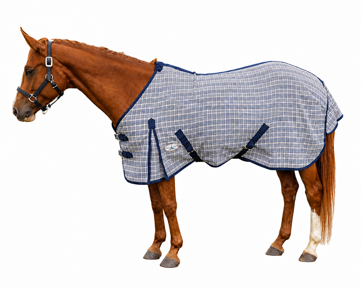 Paris Tack Navy Beige Plaid Horse Stable Sheet with Front Gussets, Lightweight Polyester Sheet for Horses, Travel, Stable & Show Use
