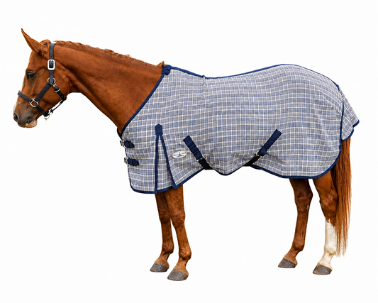 Paris Tack Navy Beige Plaid Horse Stable Sheet with Front Gussets, Lightweight Polyester Sheet for Horses, Travel, Stable & Show Use
