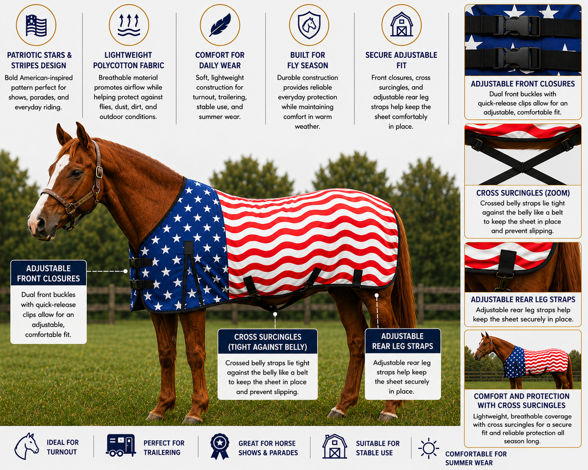 Derby Originals Patriotic Stars & Stripes Polycotton Horse Stable Sheet, Lightweight & Breathable
