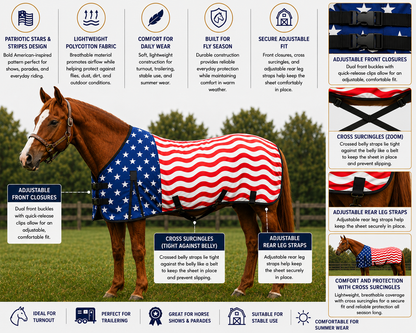 Derby Originals Patriotic Stars & Stripes Polycotton Horse Stable Sheet, Lightweight & Breathable