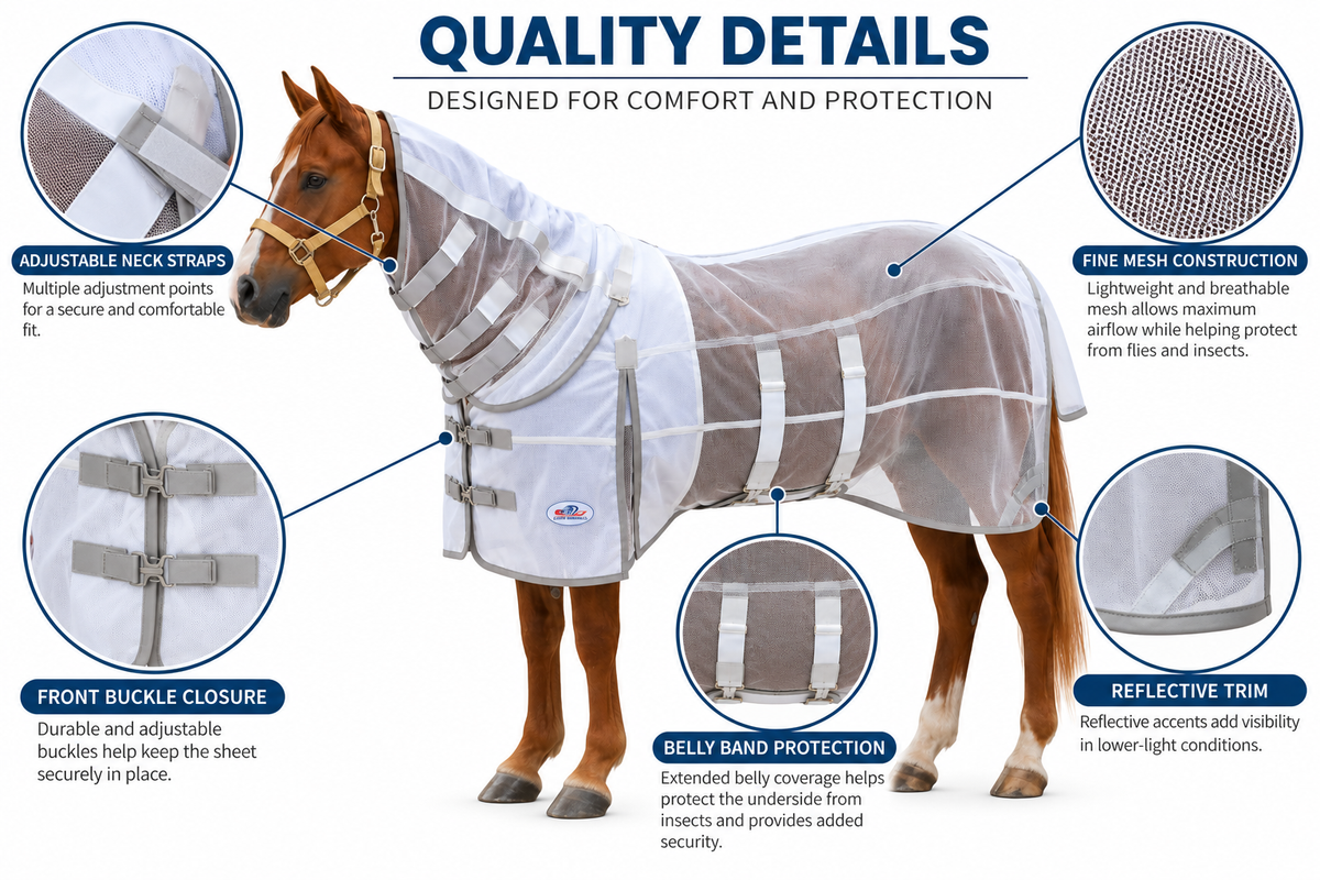 Derby Originals Ultimate Horse Fly Sheet with Removable Neck Cover, Fine Mesh, Belly Band, Reflective Trim