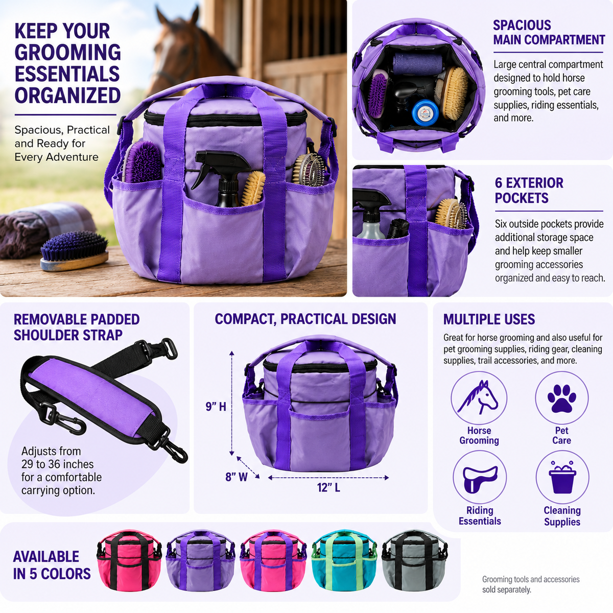 Derby Originals Premium Comfort Large Horse & Dog Grooming Tote Bag, Pet Grooming Supply Organizer with 6 Exterior Pockets, Removable Padded Shoulder Strap