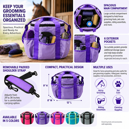 Derby Originals Premium Comfort Large Horse & Dog Grooming Tote Bag, Pet Grooming Supply Organizer with 6 Exterior Pockets, Removable Padded Shoulder Strap