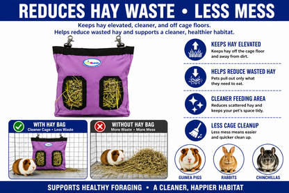 CuteNfuzzy 2-Opening Hay Bag for Rabbits, Guinea Pigs & Chinchillas, Compact Hanging Hay Feeder, 9" x 11" x 1.5", Helps Reduce Hay Waste & Cage Mess, 6-Month Warranty