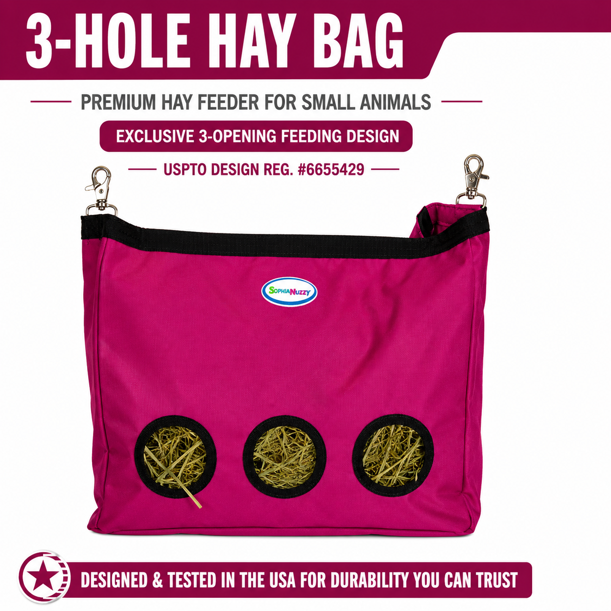 CuteNfuzzy 3-Opening Hay Bag for Rabbits, Guinea Pigs & Chinchillas, Large Hanging Hay Feeder, 15" x 15" x 5", Reduces Hay Waste & Cage Mess, 6-Month Warranty