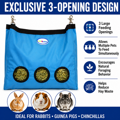 CuteNfuzzy 3-Opening Hay Bag for Rabbits, Guinea Pigs & Chinchillas, Large Hanging Hay Feeder, 15" x 15" x 5", Reduces Hay Waste & Cage Mess, 6-Month Warranty