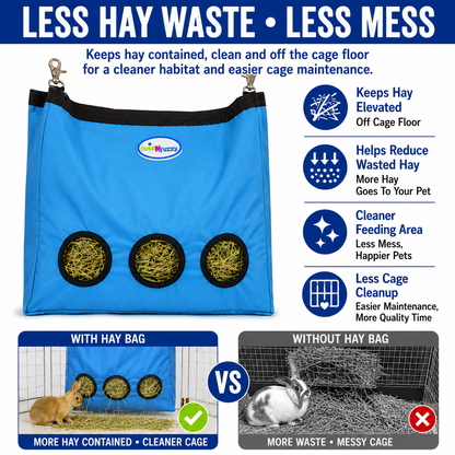 CuteNfuzzy 3-Opening Hay Bag for Rabbits, Guinea Pigs & Chinchillas, Large Hanging Hay Feeder, 15" x 15" x 5", Reduces Hay Waste & Cage Mess, 6-Month Warranty