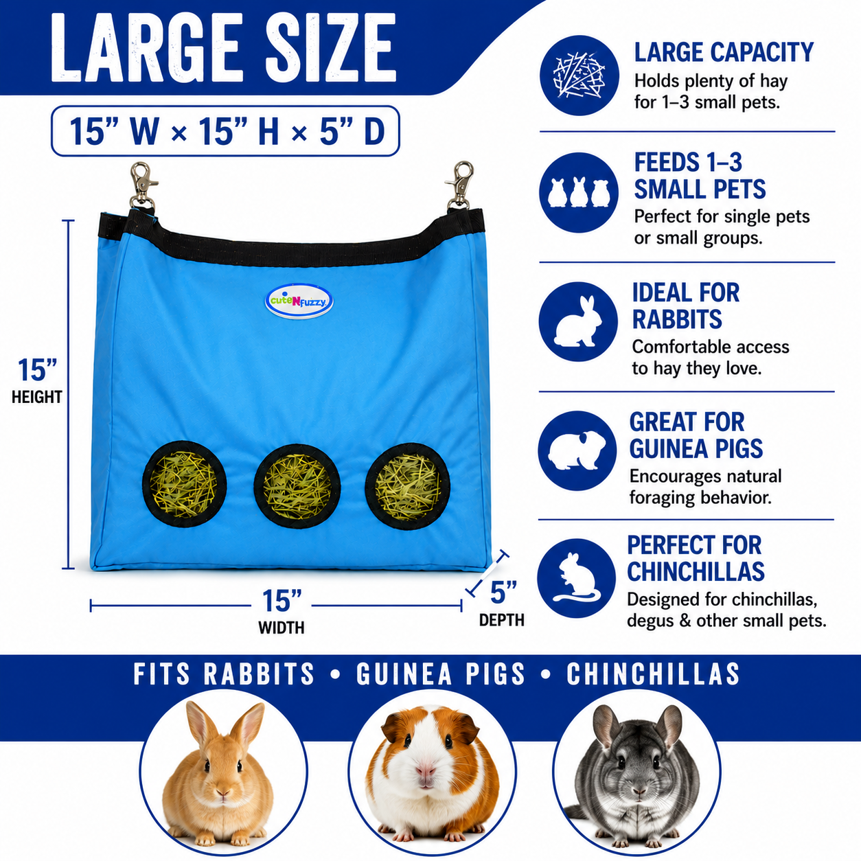 CuteNfuzzy 3-Opening Hay Bag for Rabbits, Guinea Pigs & Chinchillas, Large Hanging Hay Feeder, 15" x 15" x 5", Reduces Hay Waste & Cage Mess, 6-Month Warranty