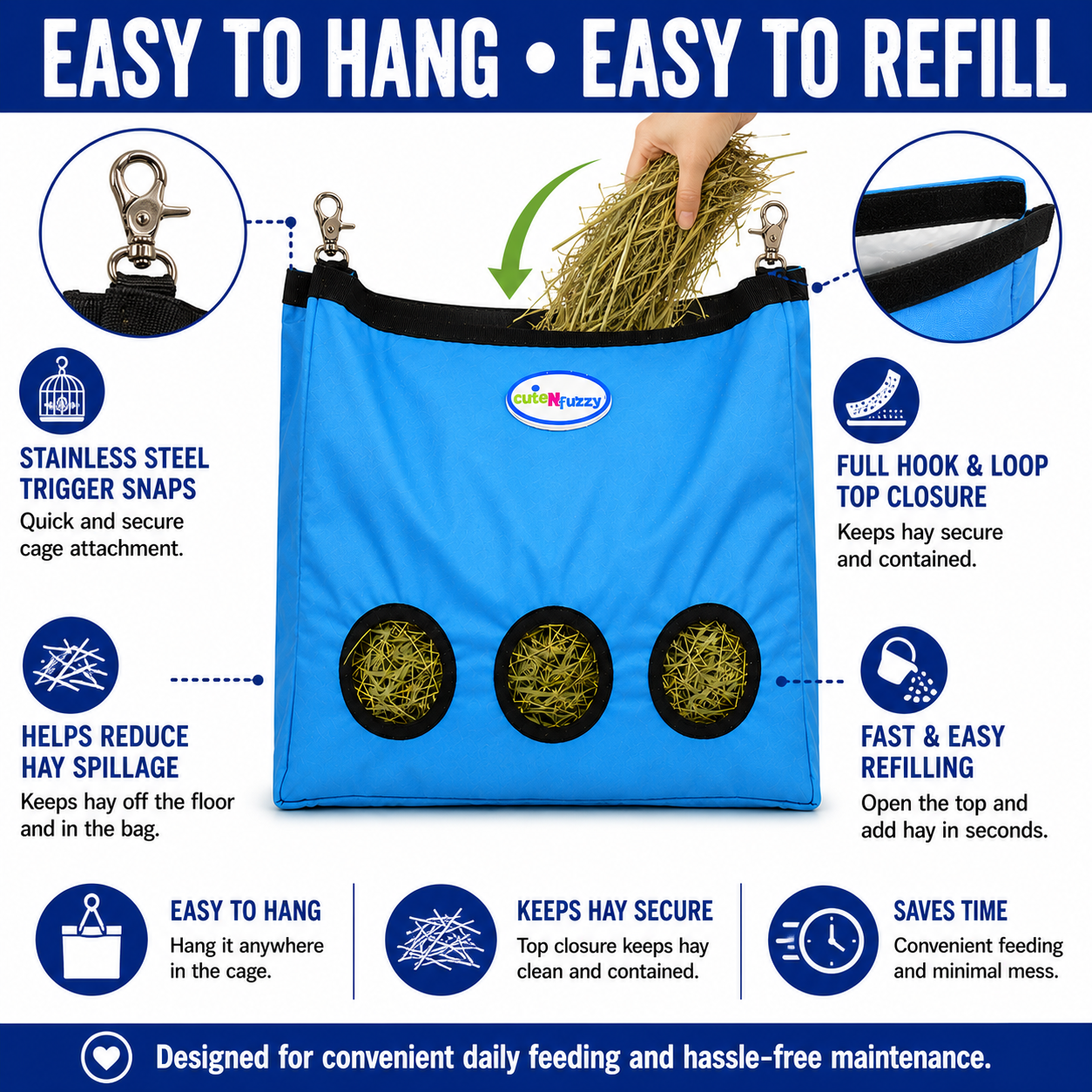 CuteNfuzzy 3-Opening Hay Bag for Rabbits, Guinea Pigs & Chinchillas, Large Hanging Hay Feeder, 15" x 15" x 5", Reduces Hay Waste & Cage Mess, 6-Month Warranty