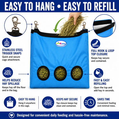 CuteNfuzzy 3-Opening Hay Bag for Rabbits, Guinea Pigs & Chinchillas, Large Hanging Hay Feeder, 15" x 15" x 5", Reduces Hay Waste & Cage Mess, 6-Month Warranty