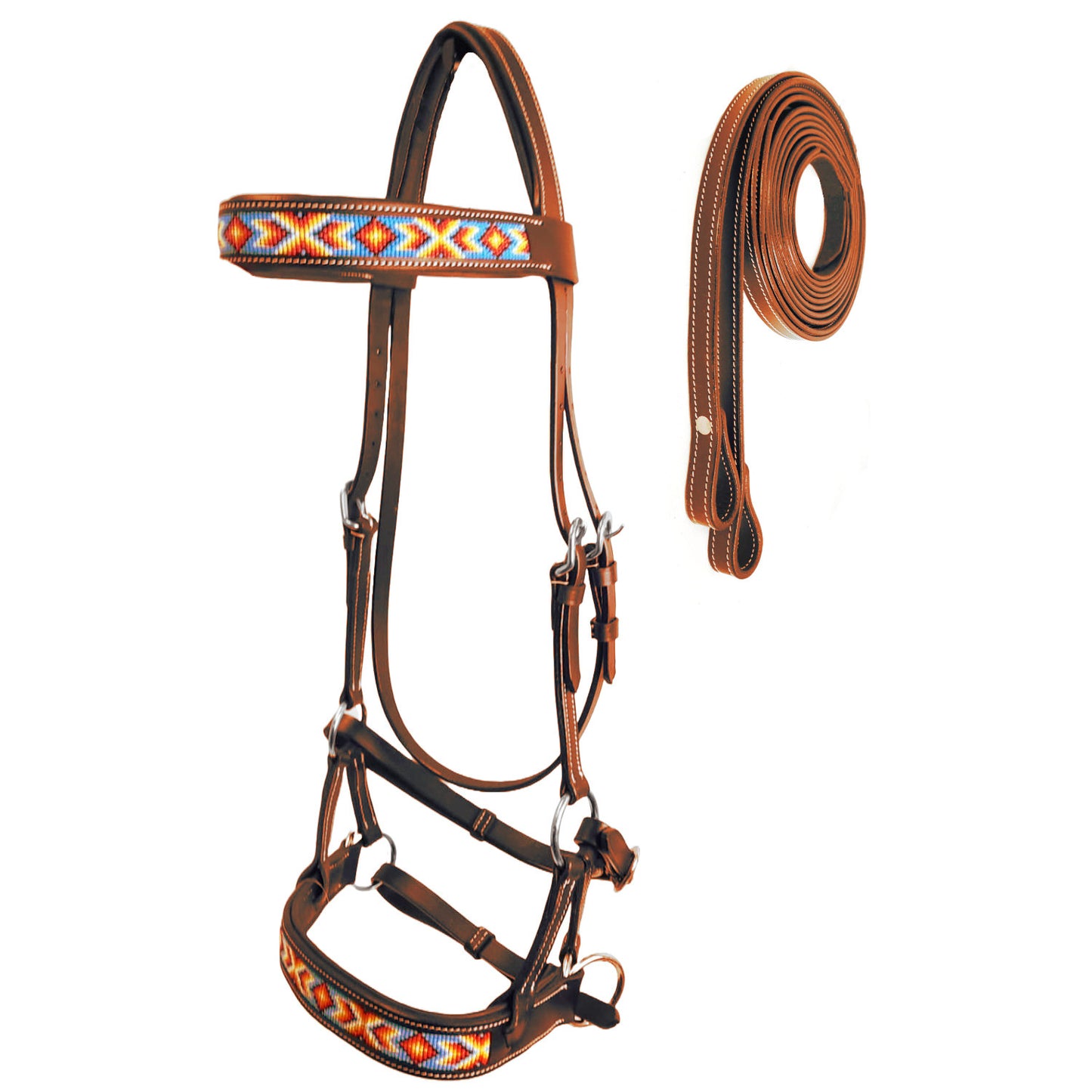 Tahoe Bitless Leather Horse Bridle - Turquoise Navajo Beaded Browband  & Noseband with Split Reins, 1-Year Warranty