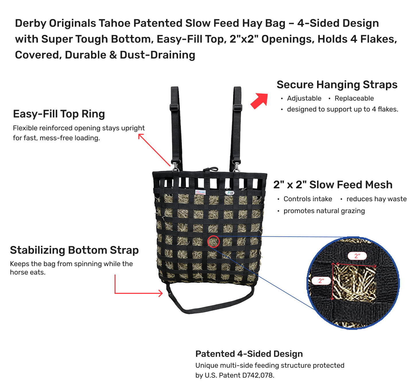 Derby Originals Tahoe Patented Slow Feed Hay Bag – 4-Sided Design with Super Tough Bottom, Easy-Fill Top, 2"x2" Openings, Holds 4 Flakes, Covered, Durable & Dust-Draining