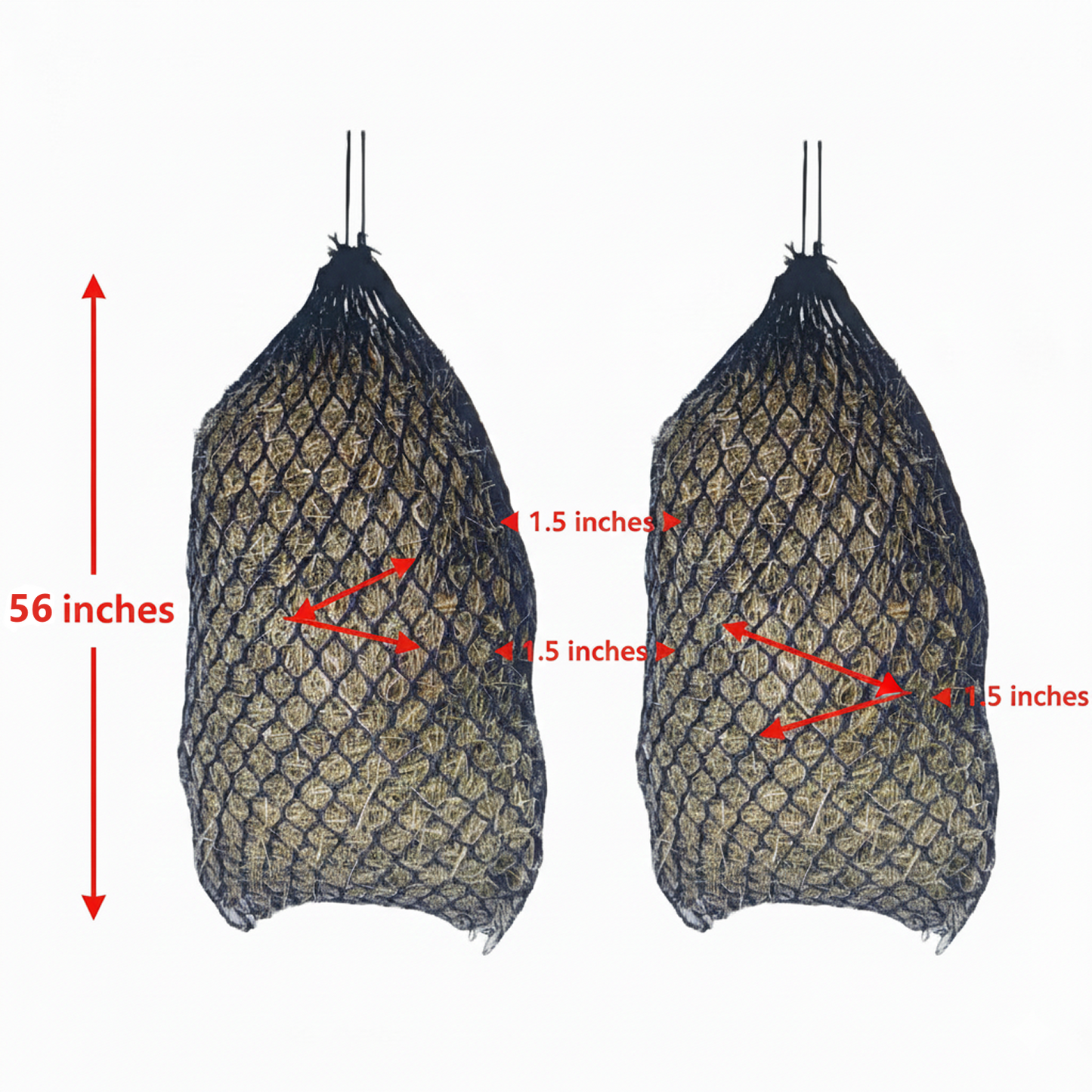Paris Tack Knotless Ultra Slow Feed Hay Nets – 56” Long, Set of 2, 1.5” Holes, Soft on Muzzles, Durable Nylon, Holds 5-7 Flakes, Easy Hang Strap