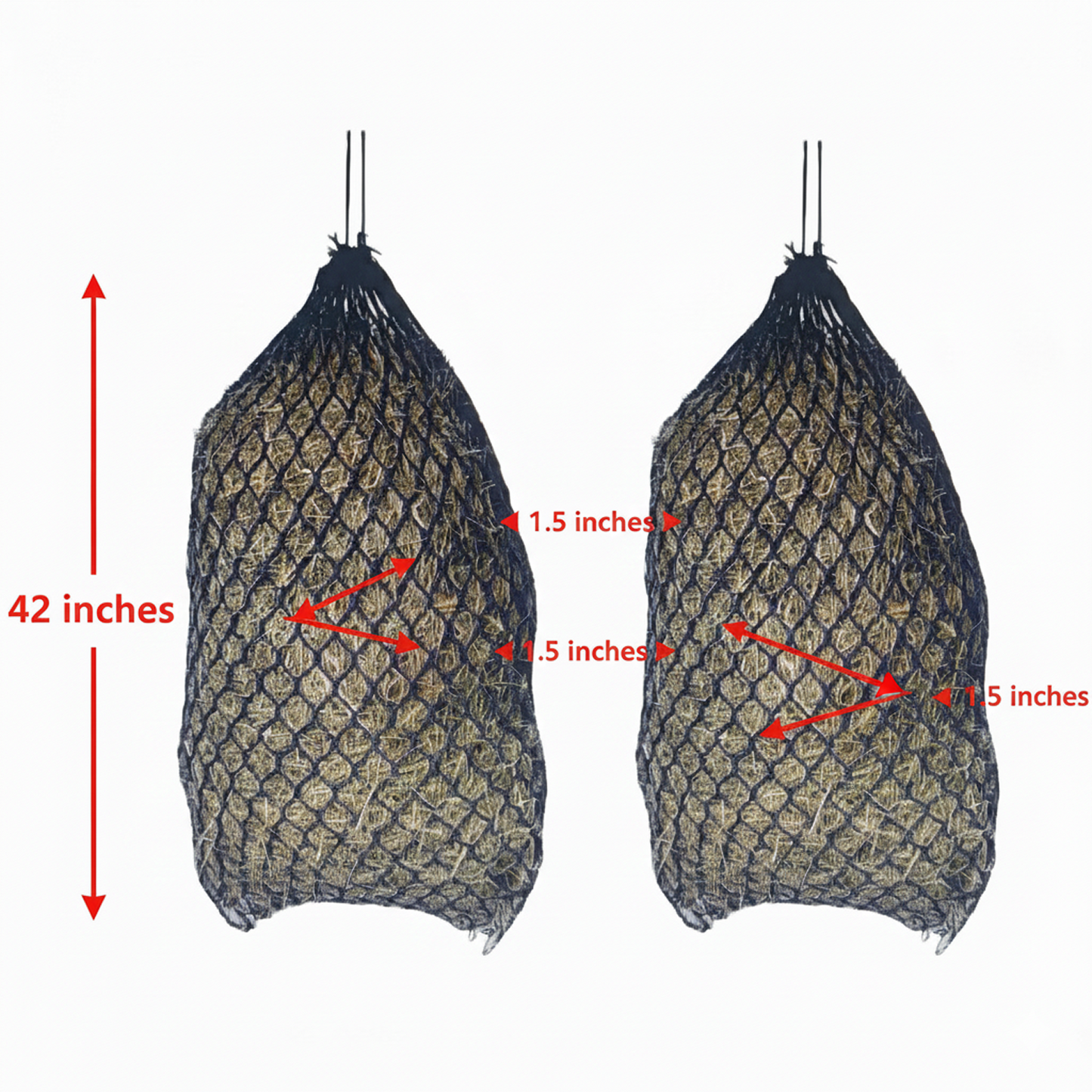 Derby Originals Paris Tack Knotless Ultra Slow Feed Hay Nets – 42” Long, Set of 2, 1.5” Holes, Soft on Muzzles, Durable Nylon, Holds 3–4 Flakes, Easy Hang Strap